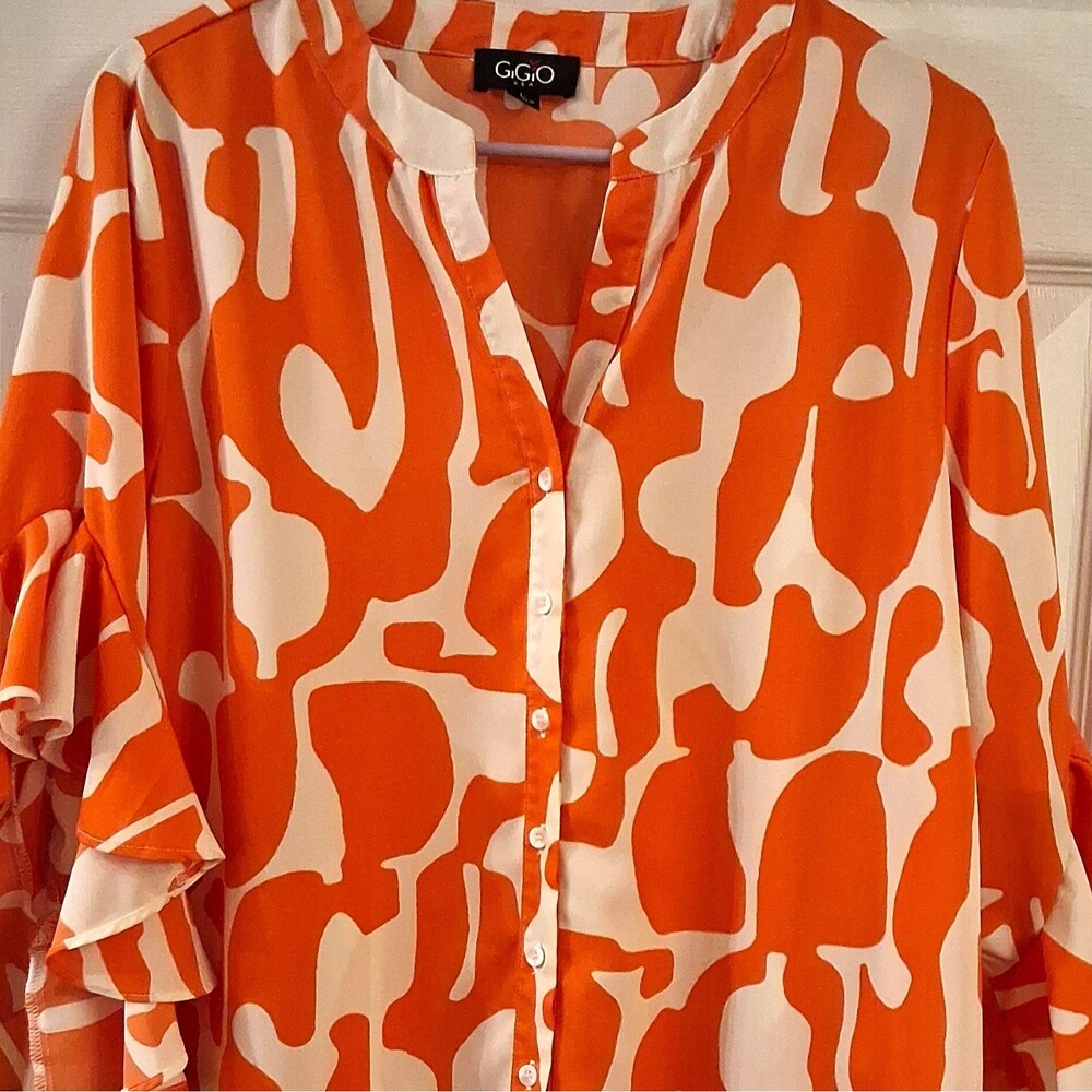 GiGiO Abstract Geometric Blouse Orange Cream Large Ruffle Bell Sleeve Polyester